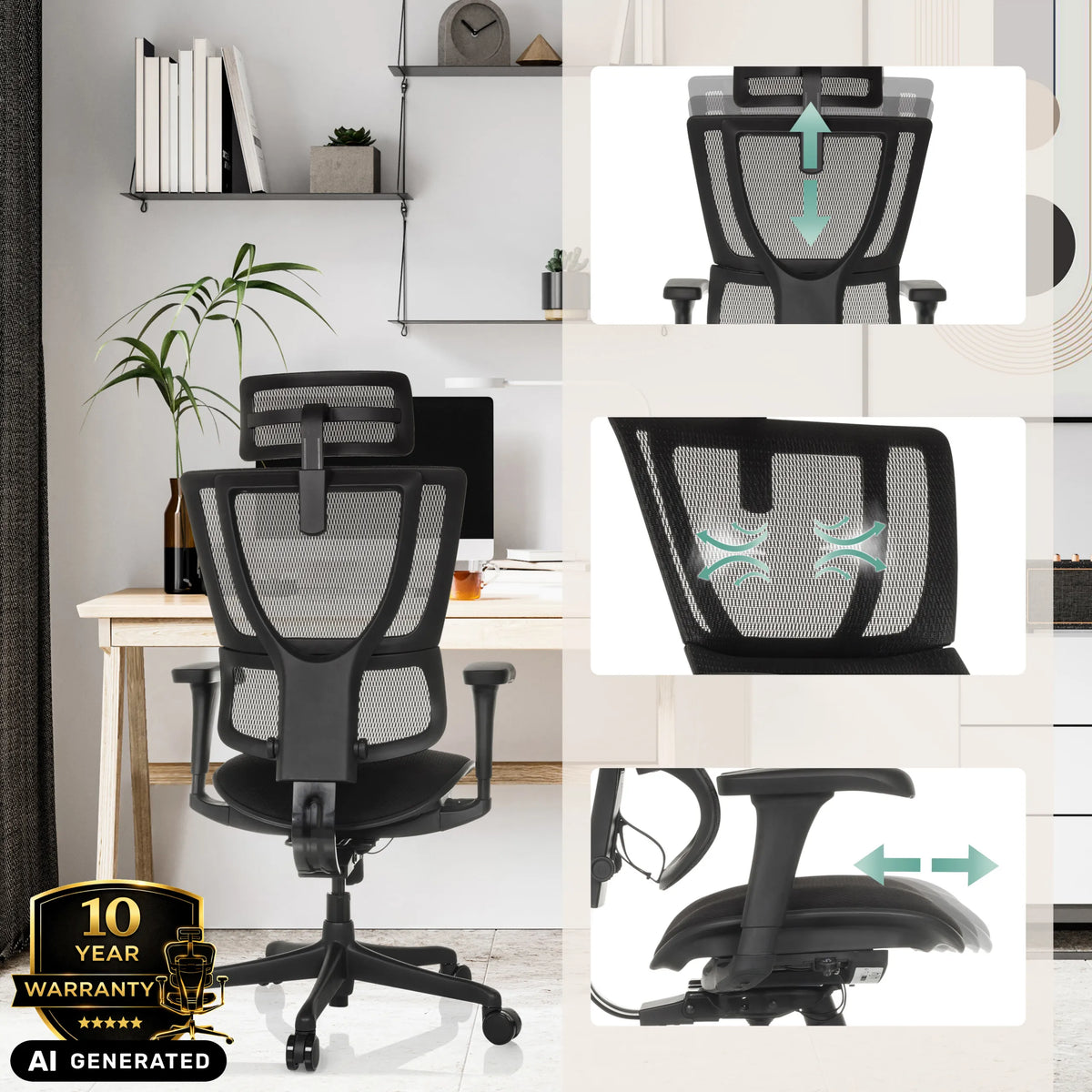 Verstellbare Funktionen des Luxus-Chefsessels ERGOHUMAN SLIM ECO F GEN2 in Schwarz von hjh OFFICE (KI-generiertes Bild)