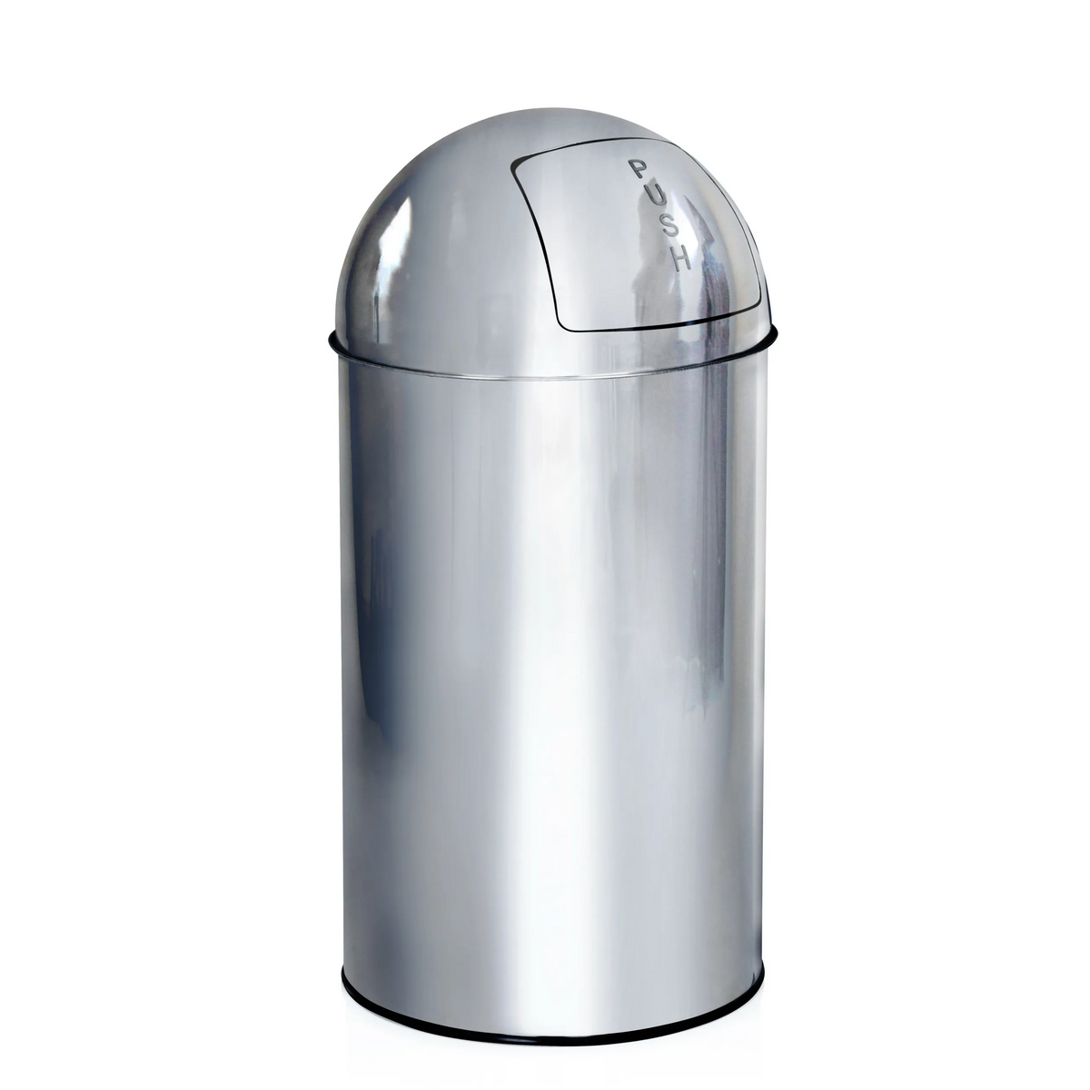 Chromfarbener Mülleimer PUSH 50L mit Push-Deckel und zylindrischem Korpus von hjh OFFICE – 360-Grad-Ansicht (schräge Rückenansicht 120°)