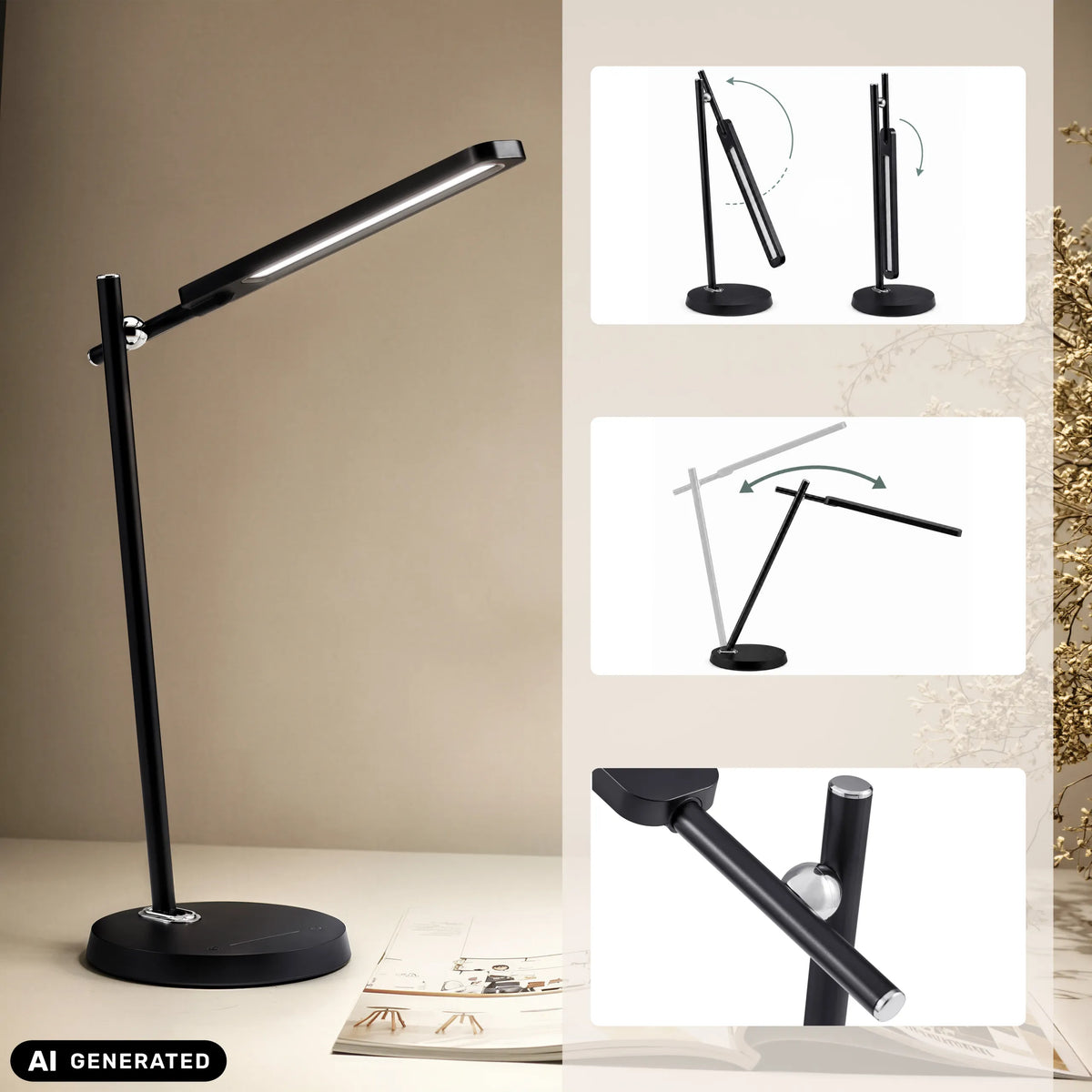 Verstellbare Gelenke und Neigungswinkel der Schreibtischlampe Lumanova D2 in Schwarz von hjh OFFICE (KI-generiertes Bild)