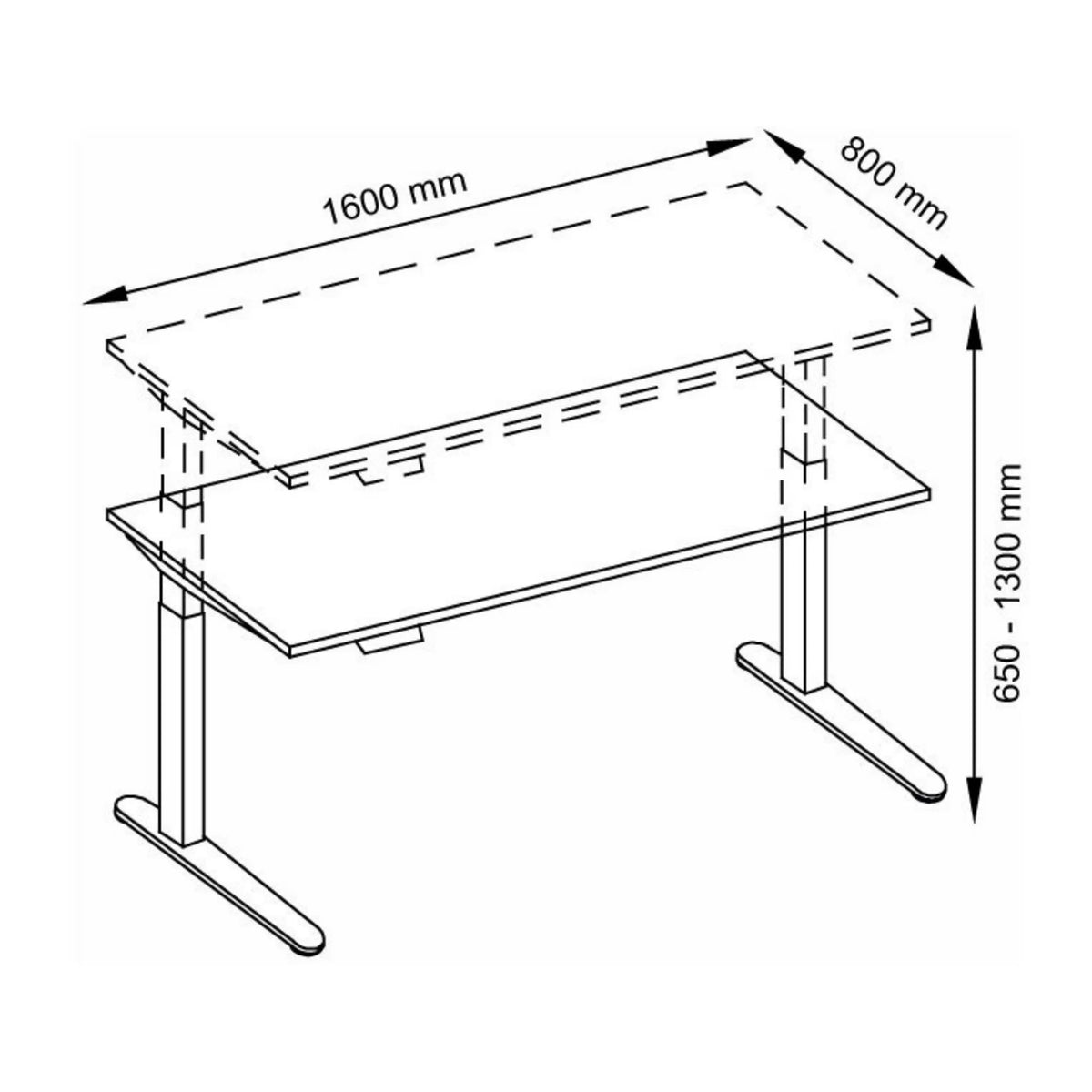 Technische Zeichnung des Schreibtischs XBHM 16 SS mit 1600 × 800 mm von hjh OFFICE PRO