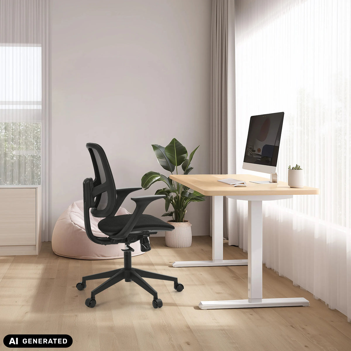 Homeoffice-Bürostuhl Malio in Schwarz an einem höhenverstellbaren Schreibtisch von hjh OFFICE (KI-generiertes Bild)