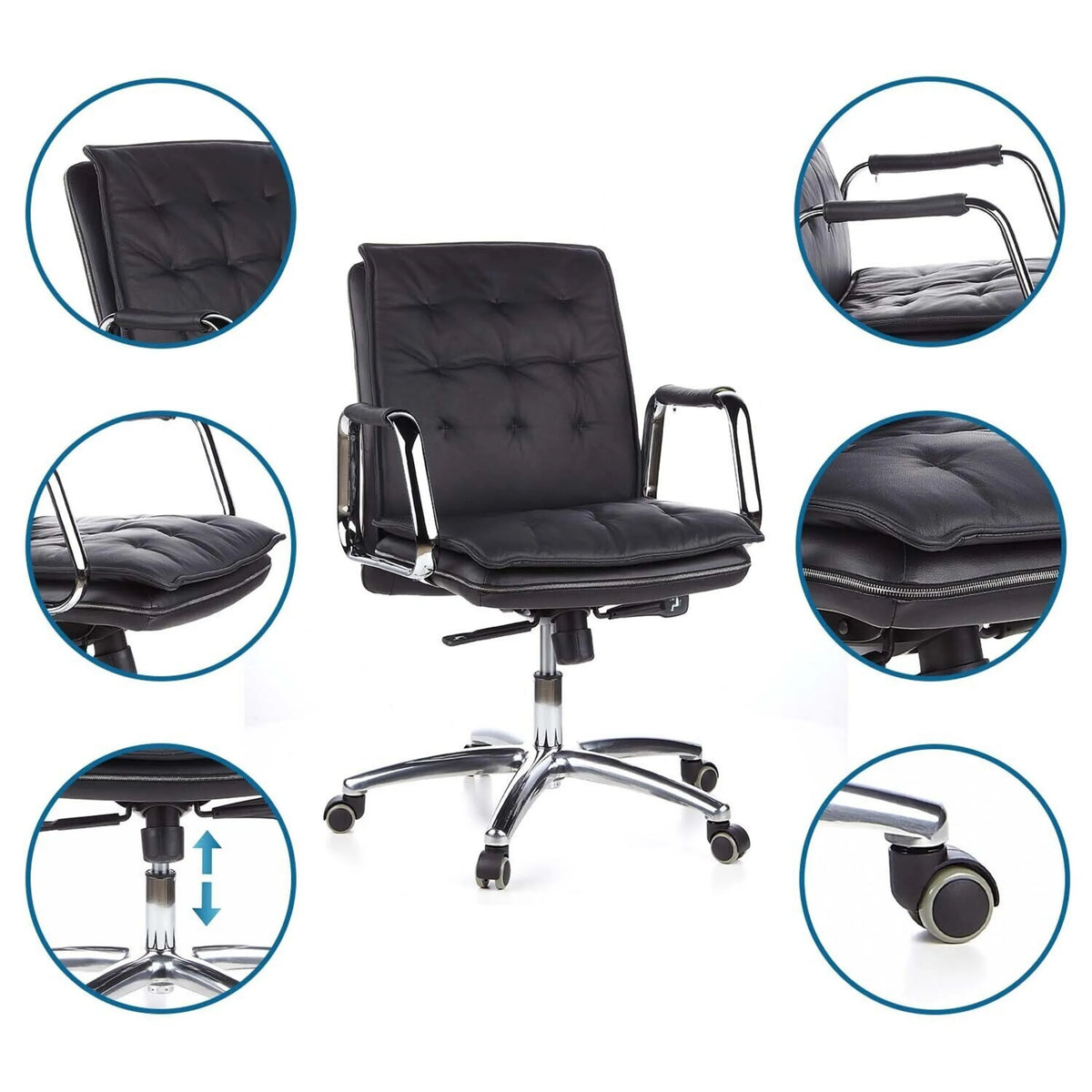 Profi-Chefsessel VILLA 10 in Schwarz mit Detailansichten von Armlehne, Gasfeder und Rollen von hjh OFFICE