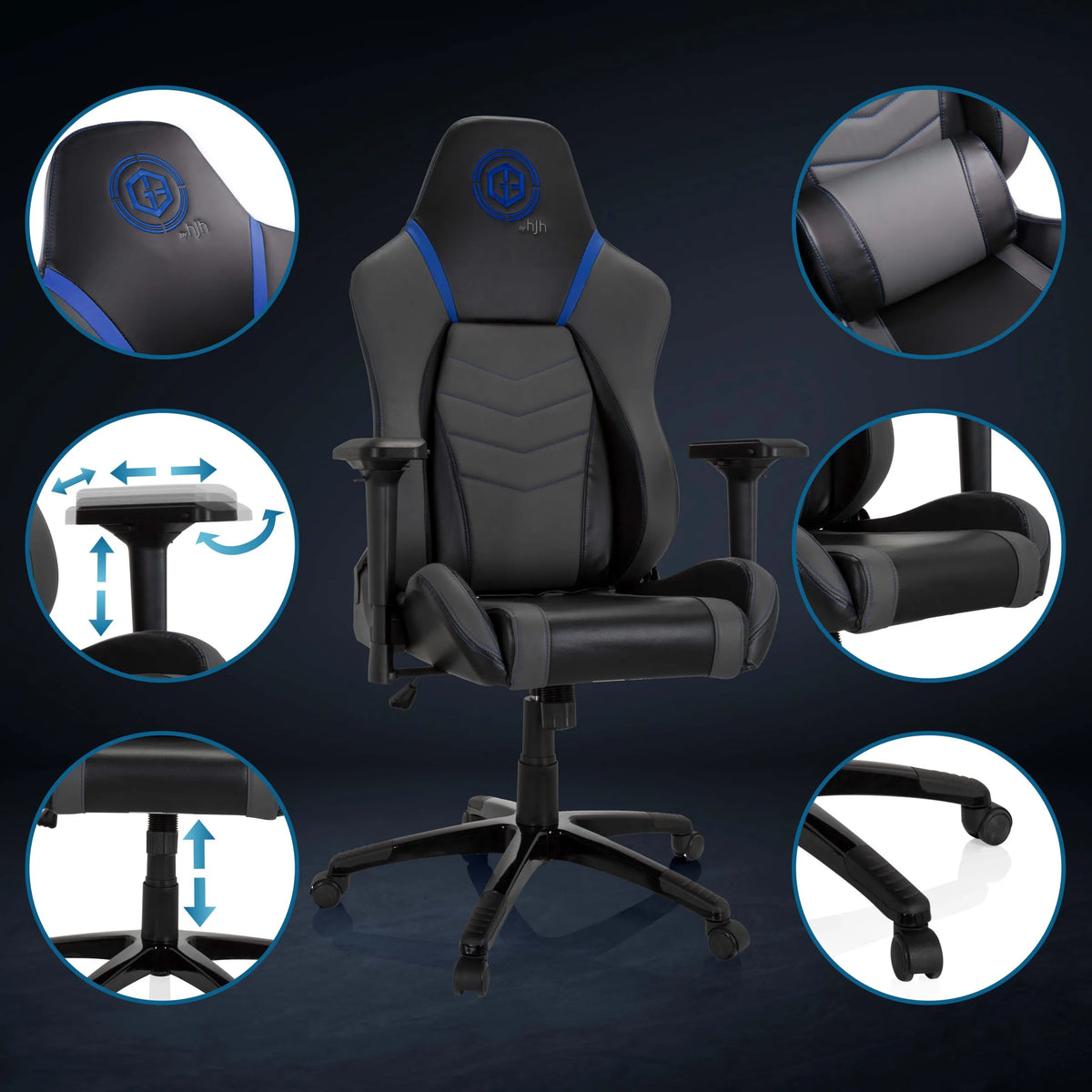 Gamingstuhl GAMEBREAKER POLARYS I in Grau-Blau mit Detailansichten zu Armlehnen, Gasfeder und Rollen von hjh OFFICE