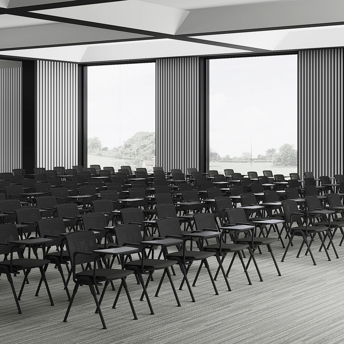Schreibtabletts MEET WA in Schwarz an einer Reihe von Konferenzstühlen von hjh OFFICE