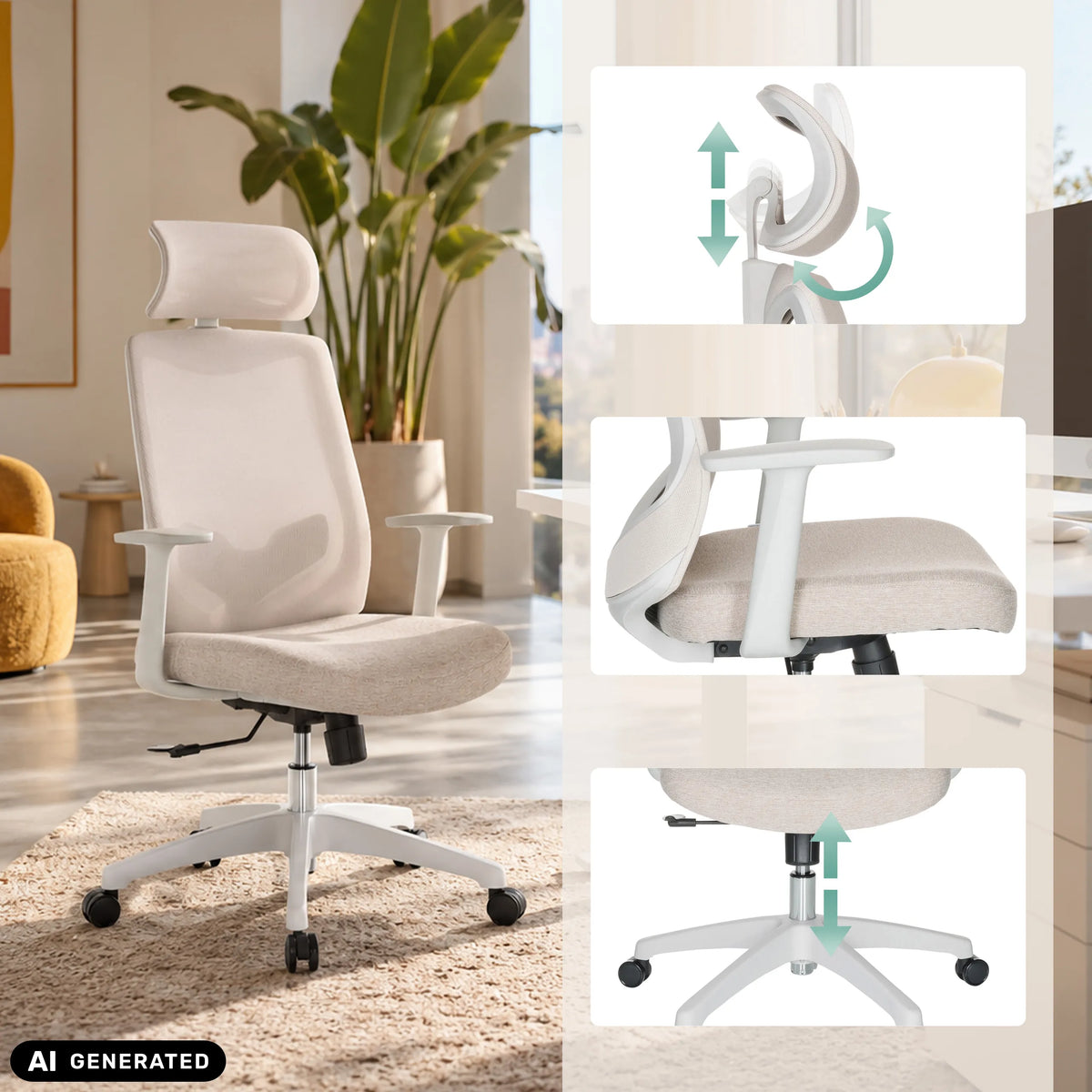 Homeoffice-Bürostuhl MIKEO W in Beige mit verstellbarer Kopfstütze und Armlehnen von hjh OFFICE
