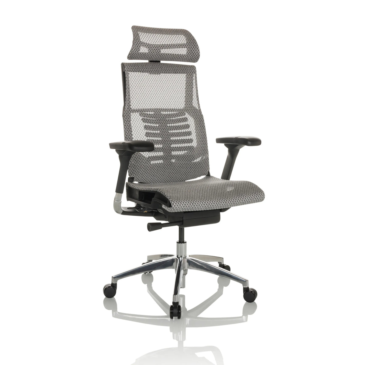 Hellgrauer High-End-Bürostuhl POFIT GEN2 mit Netzrücken und Fußkreuz mit fünf Rollen von hjh OFFICE – 360-Grad-Ansicht (schräge Frontansicht 30°)