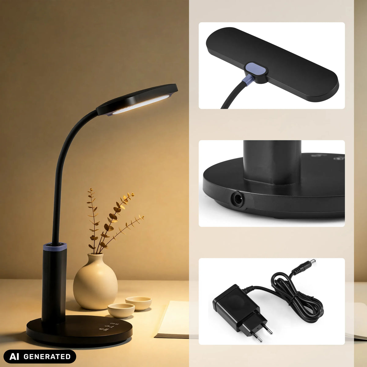 Schreibtischlampe Lumanova D4 in Schwarz mit Netzteil und Detailansichten von hjh OFFICE (KI-generiertes Bild)