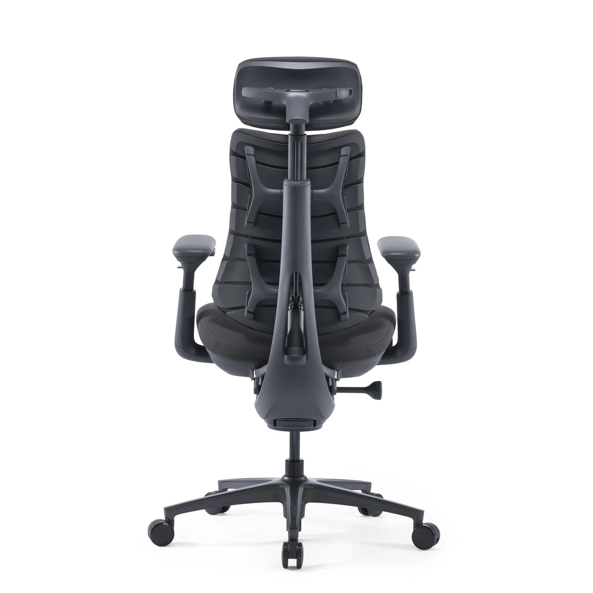 Rückansicht des dunkelgrauen High-End-Bürostuhls LiberNovo Omni Pro mit Kopfstütze von Libernovo