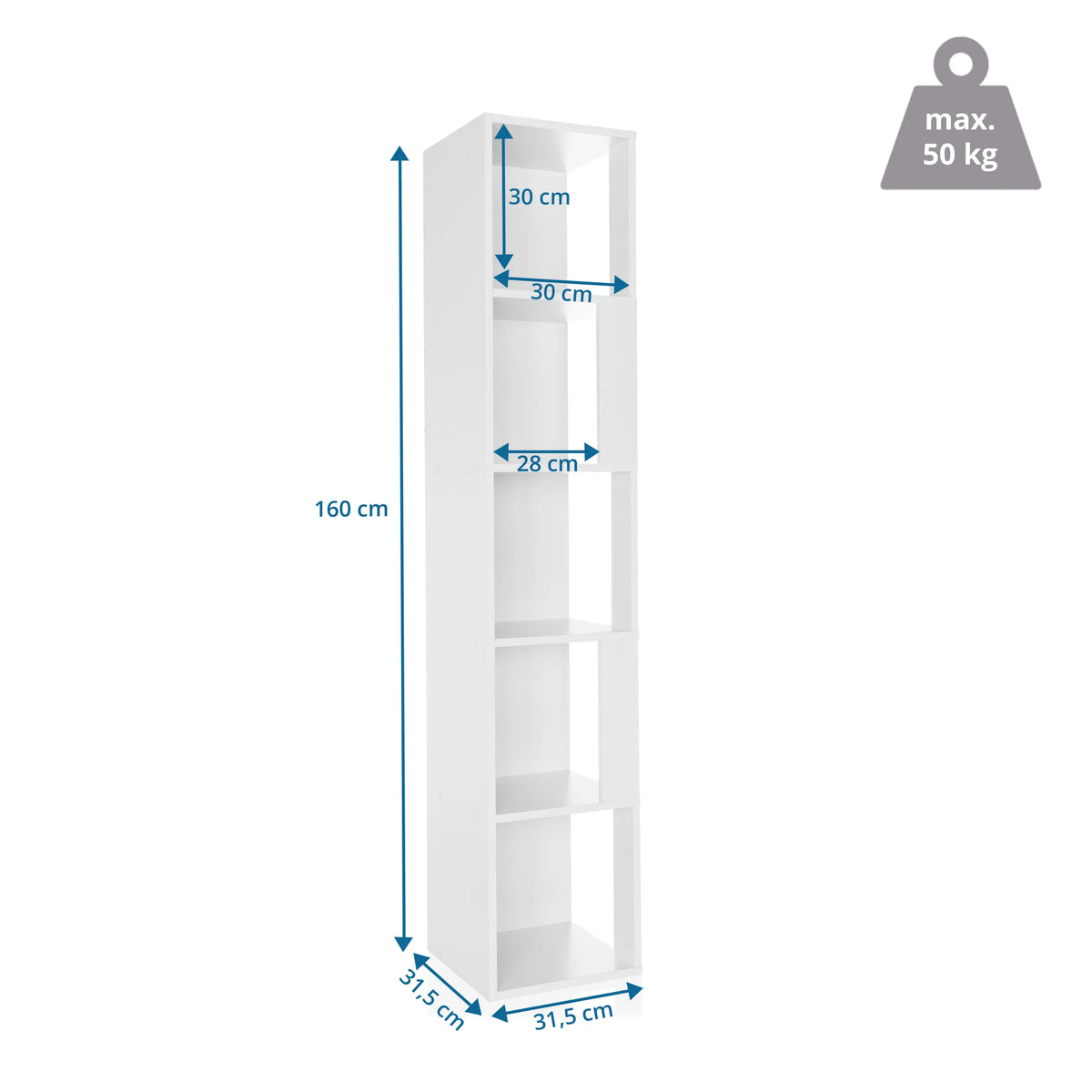 Maßzeichnung des Regals KALAG S mit einer Höhe von 160 cm und einer Breite von 31,5 cm von hjh LIVING