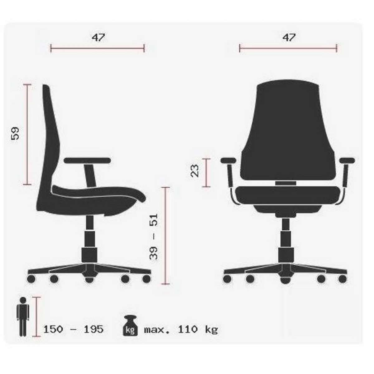 Technische Zeichnung des Profi-Bürostuhls HJH SOLUTION DELUXE AL.U2 mit einer maximalen Belastbarkeit von 110 kg von Topstar