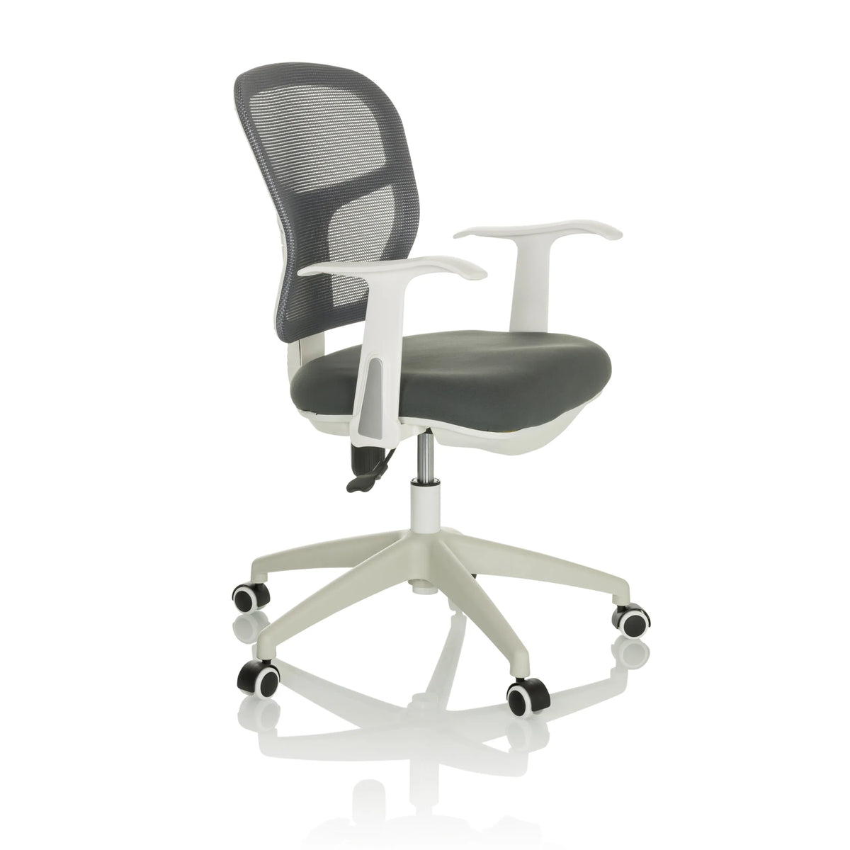Grauer Homeoffice-Bürostuhl TOP 108 W mit Netzrücken und Fußkreuz mit fünf Rollen von hjh OFFICE – 360-Grad-Ansicht (schräge Frontansicht 60°)