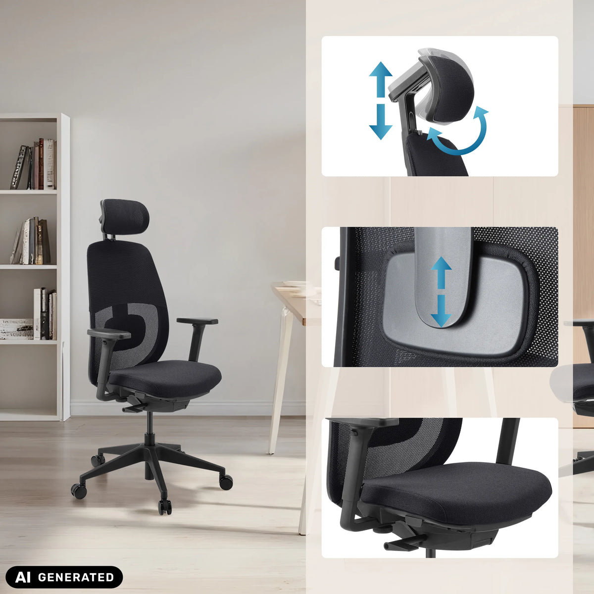 Verstellbare Kopfstütze und Lendenwirbelstütze des Profi-Bürostuhls Skandis Pro von hjh OFFICE (KI-generiertes Bild)
