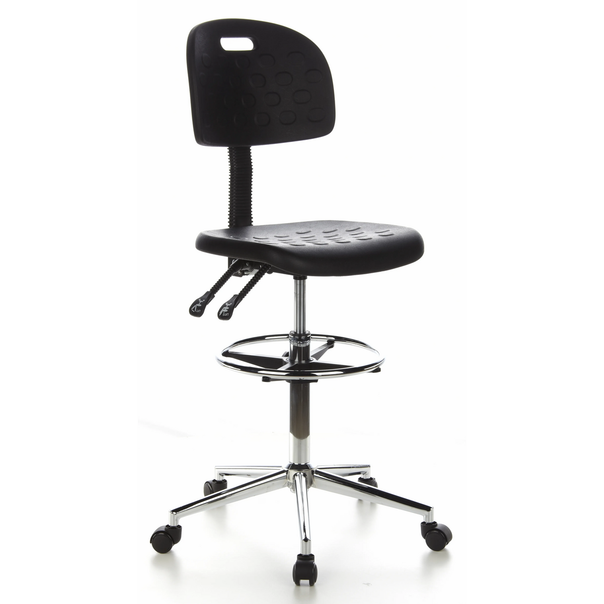 Schwarzer Counterstuhl TOP WORK 23 mit Fußring und Fußkreuz mit fünf Rollen von hjh OFFICE – 360-Grad-Ansicht (schräge Frontansicht 40°)
