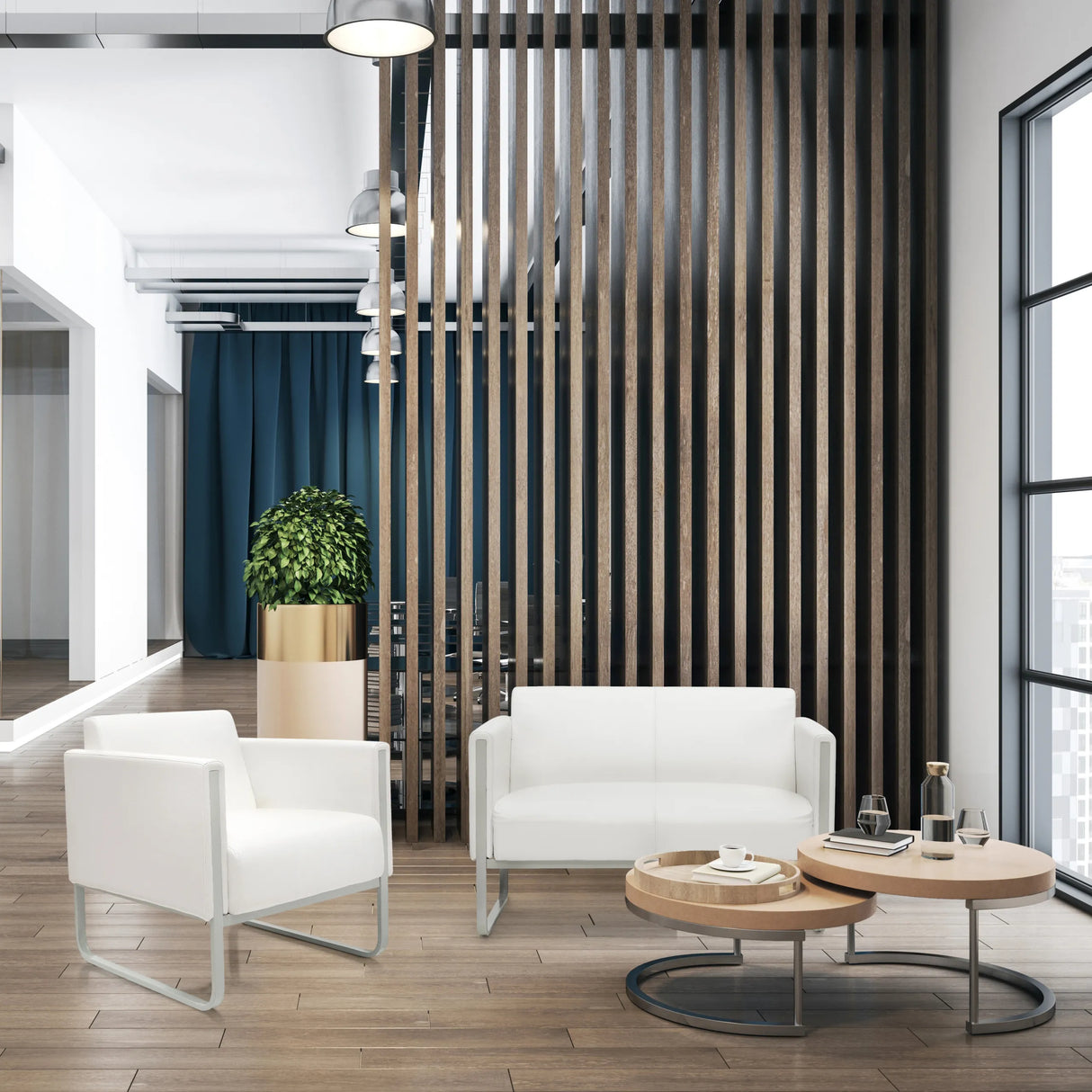 Weißer Polstersessel ARUBA mit silberfarbenem Metallgestell in einer modernen Lounge von hjh OFFICE