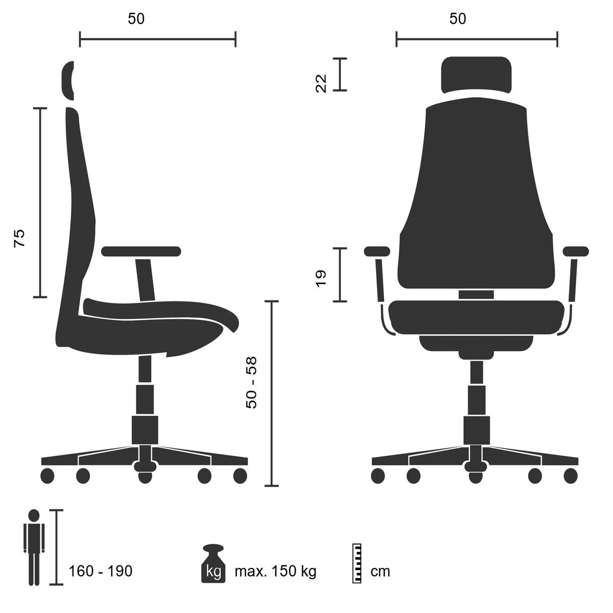 Technische Zeichnung des Profi-Chefsessel ELEGANCE I mit einer maximalen Belastung von 150 kg von hjh OFFICE