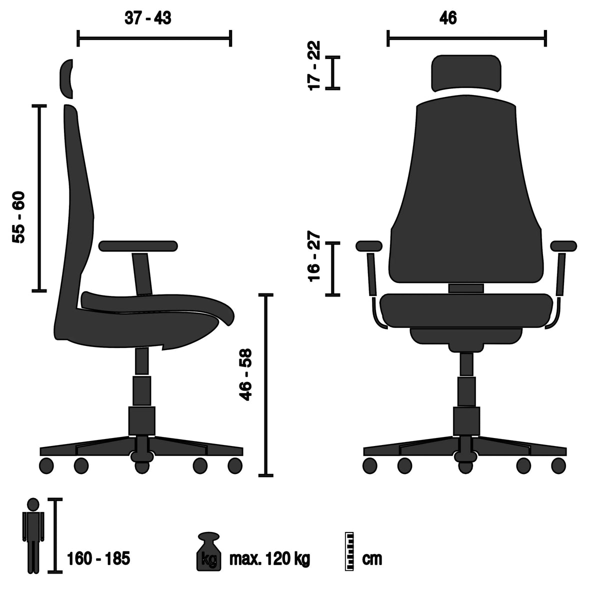 Technische Zeichnung des Luxus-Chefsessel ERGOHUMAN ULTRA L GEN2 mit einer maximalen Belastbarkeit von 120 kg von hjh OFFICE