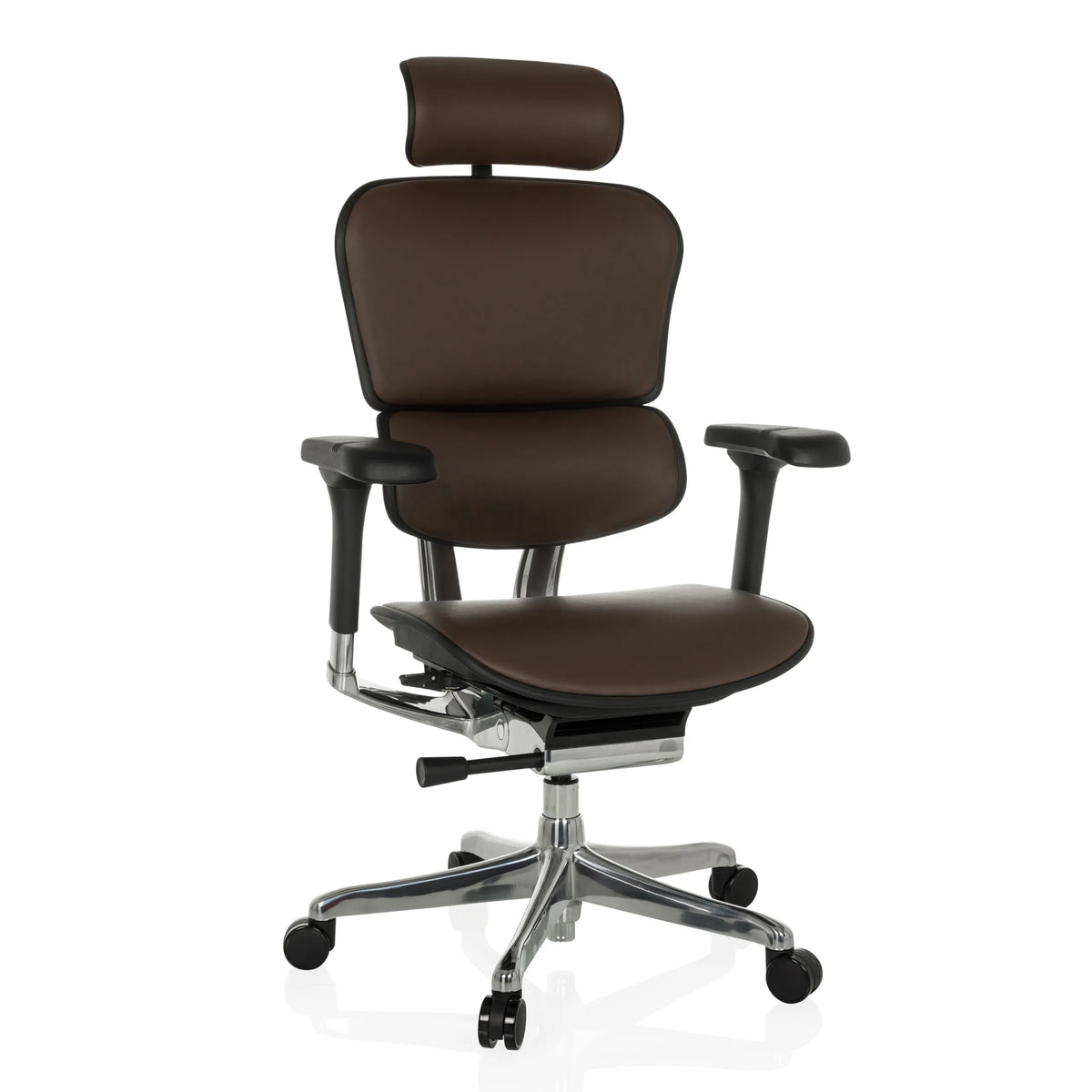Dunkelbrauner Luxus-Chefsessel ERGOHUMAN GEN2 aus Leder mit Fußkreuz und fünf Rollen von hjh OFFICE – 360-Grad-Ansicht (Frontansicht 15°)