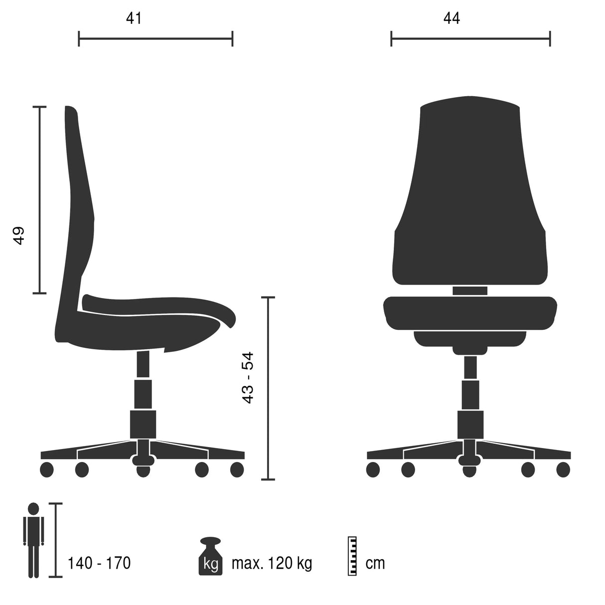 Technische Zeichnung des Homeoffice-Bürostuhls Sitflex Lady mit einer maximalen Belastung von 120 kg von hjh OFFICE