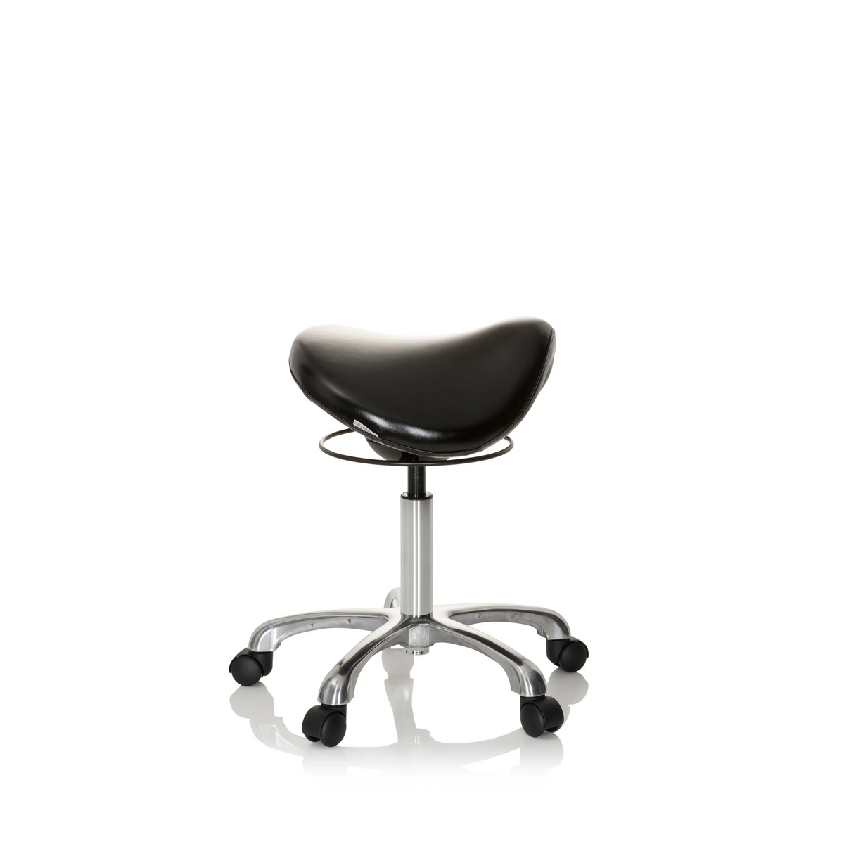 Schwarzer Sattelhocker ORTHO SIT mit Fußkreuz und fünf Rollen von hjh OFFICE – 360-Grad-Ansicht (Seitenprofil 80°)