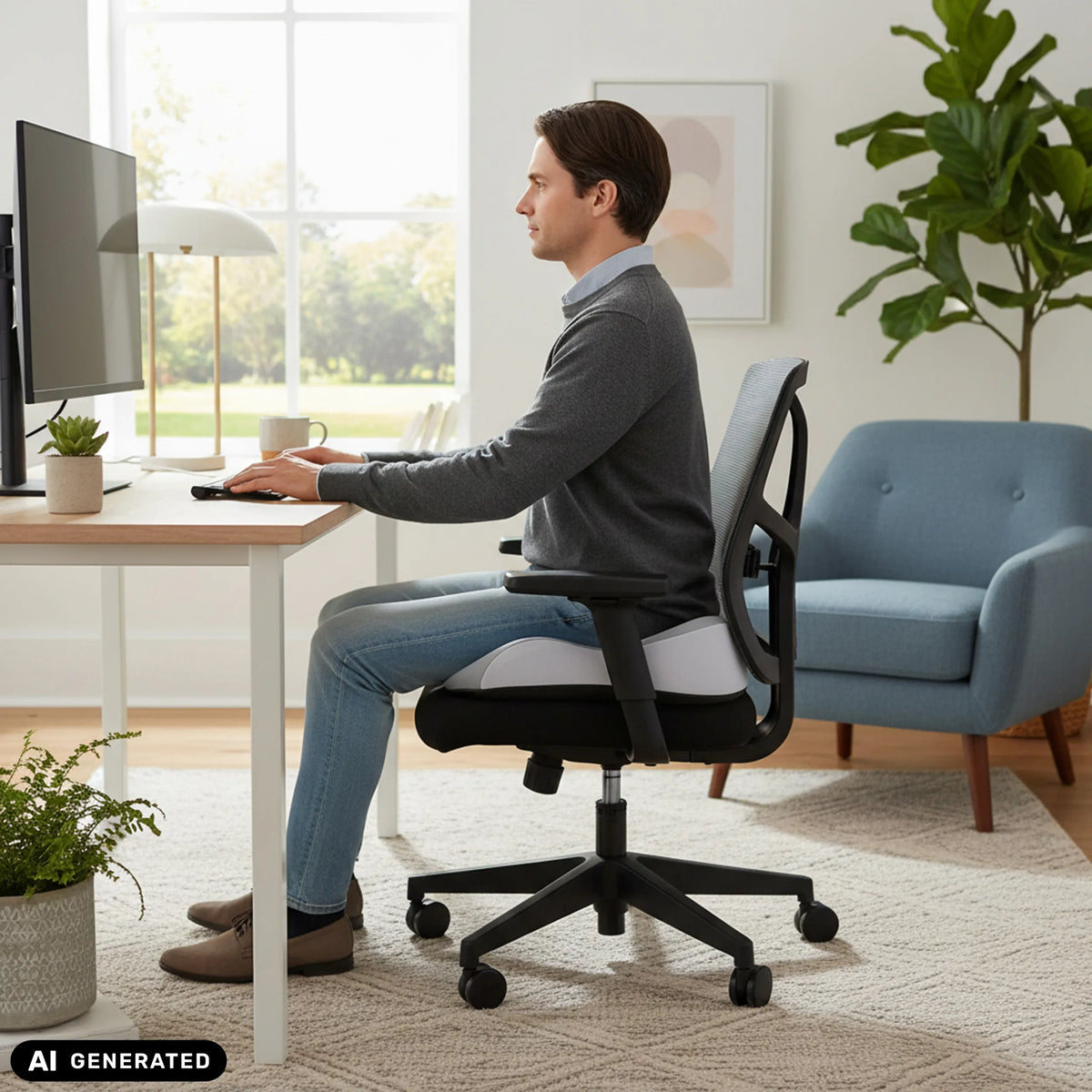 Graues Sitzkissen MEDISIT IV auf einem schwarzen Bürostuhl von hjh OFFICE (KI-generiertes Bild)