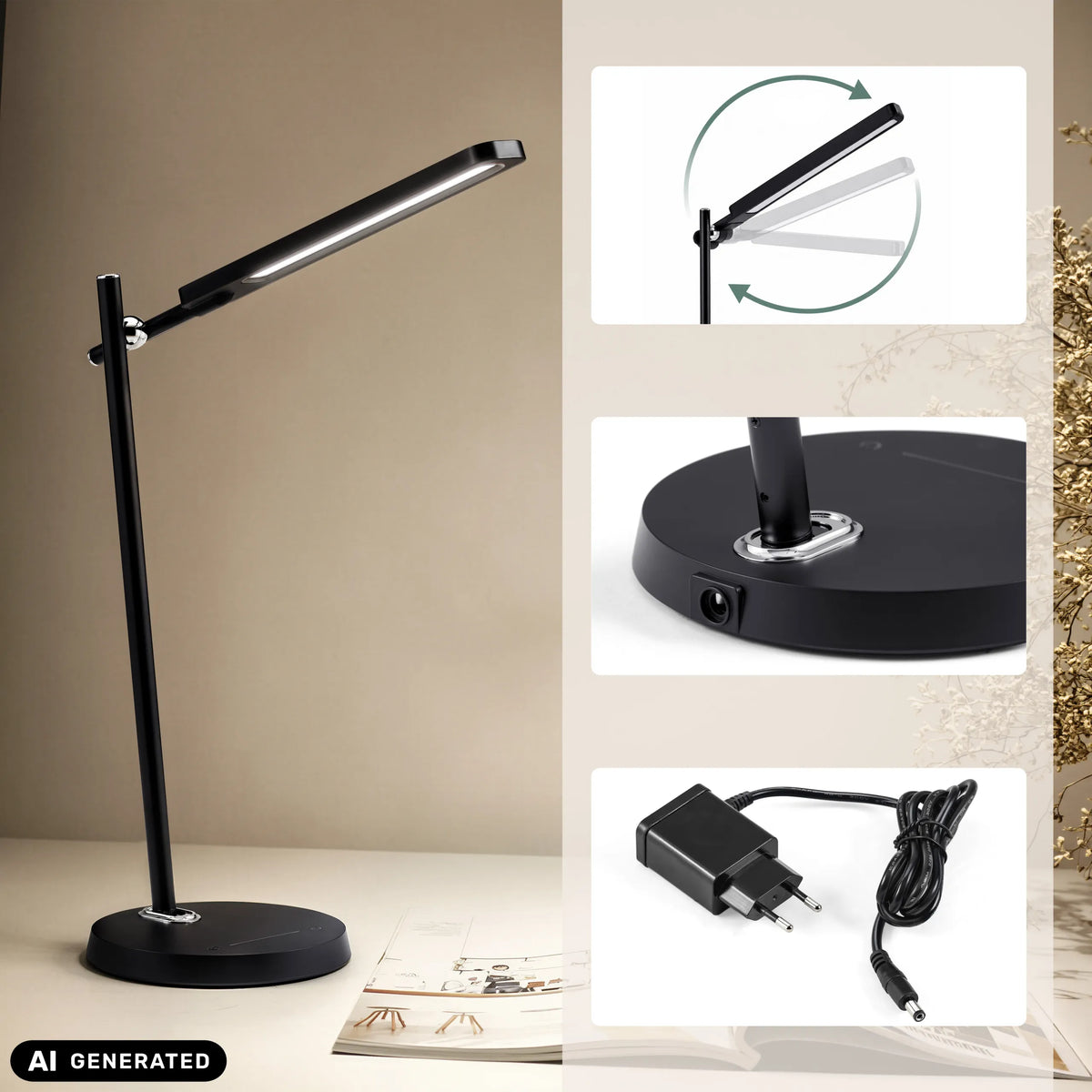 Schreibtischlampe Lumanova D2 in Schwarz mit Netzteil und verstellbarem Lampenkopf von hjh OFFICE (KI-generiertes Bild)
