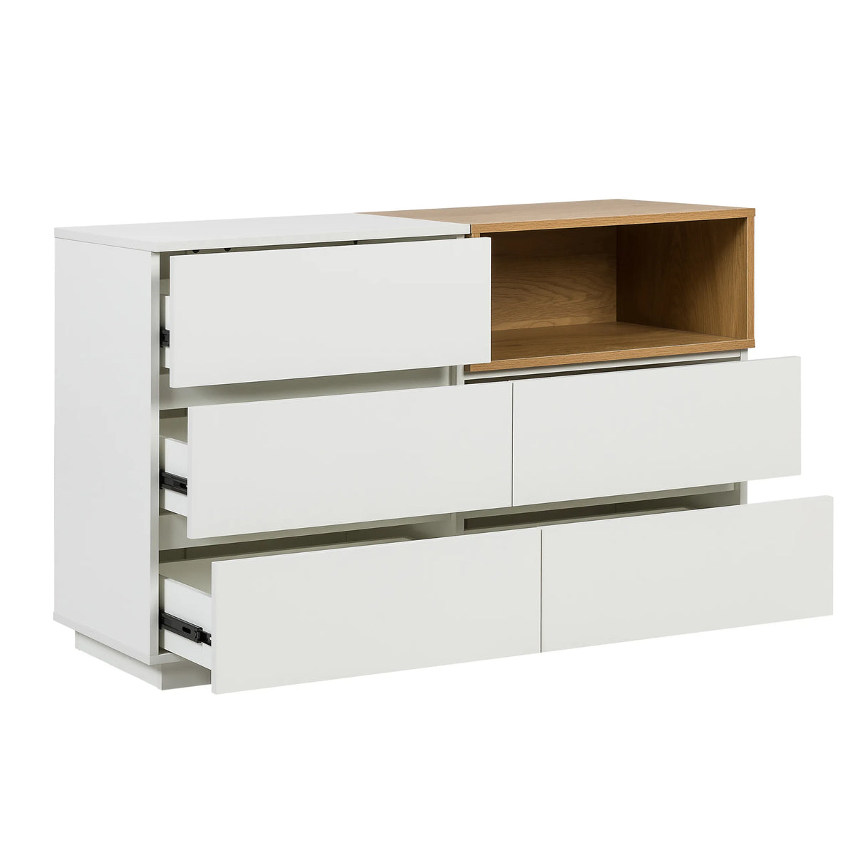 Weißes Sideboard MELMO S mit Eichenholz-Akzent und drei teilweise geöffneten Schubladen von hjh LIVING