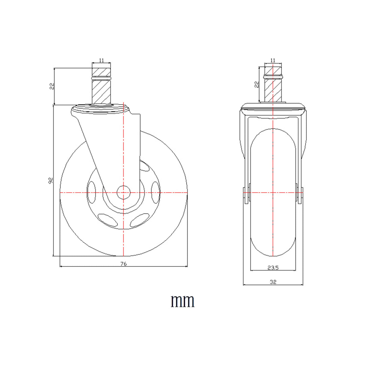 Technische Zeichnung der Stuhlrolle 5x ROLO SKATE ST 11mm/75mm mit einem Durchmesser von 76 mm von hjh OFFICE