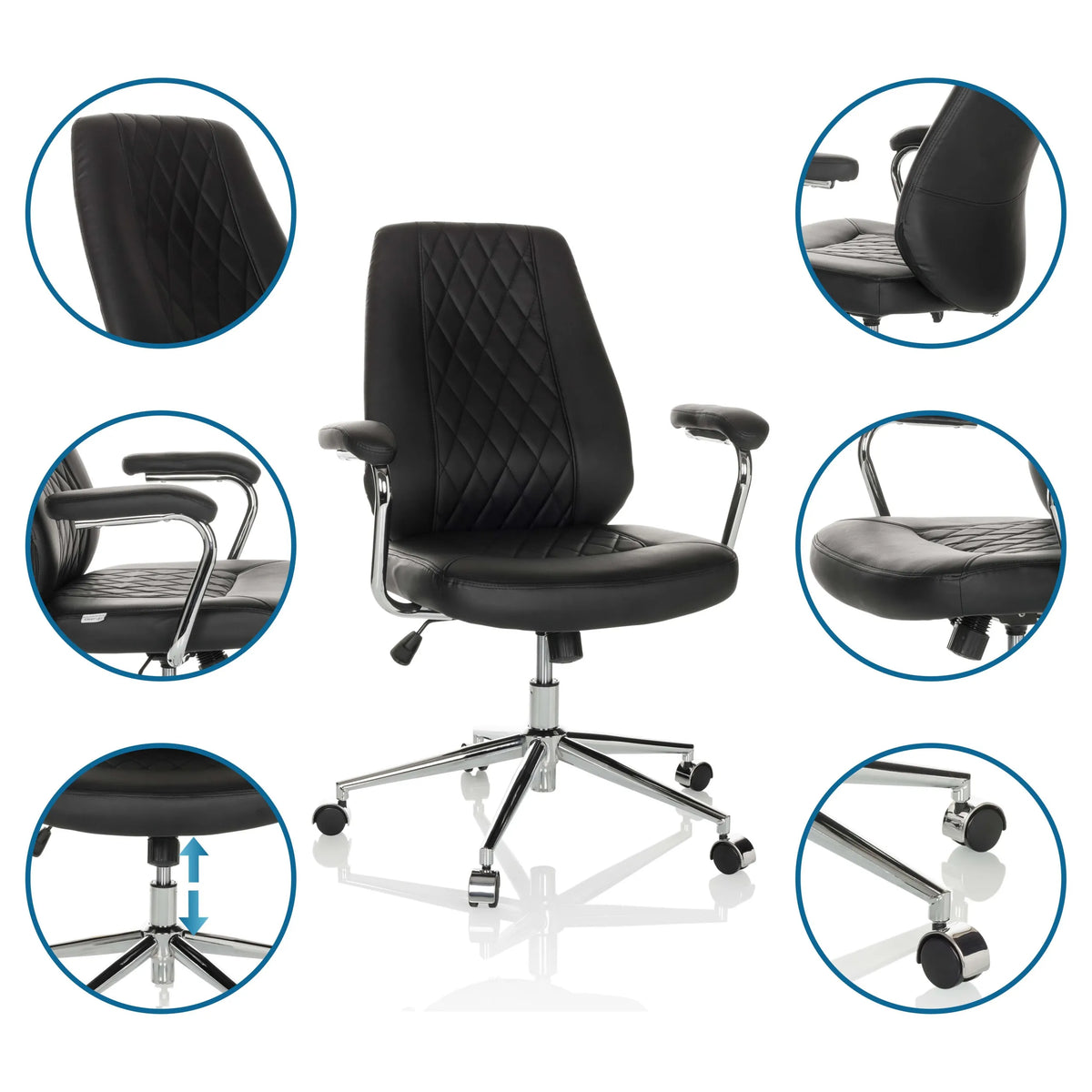 Homeoffice Chefsessel THEO I in Schwarz mit Detailansichten von Rückenlehne, Armlehnen und Fußkreuz von hjh OFFICE