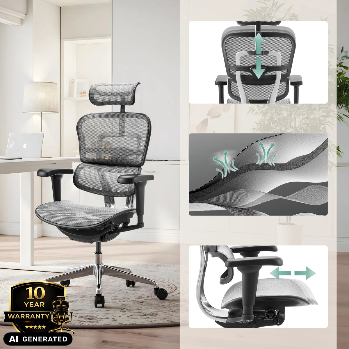 Luxus-Chefsessel ERGOHUMAN ULTRA GEN2 mit verstellbarer Kopfstütze und Armlehnen von hjh OFFICE (KI-generiertes Bild)