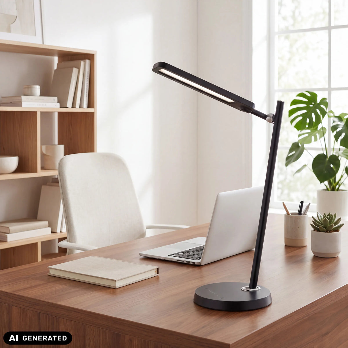 Schreibtischlampe Lumanova D2 in Schwarz auf einem Holzschreibtisch von hjh OFFICE (KI-generiertes Bild)