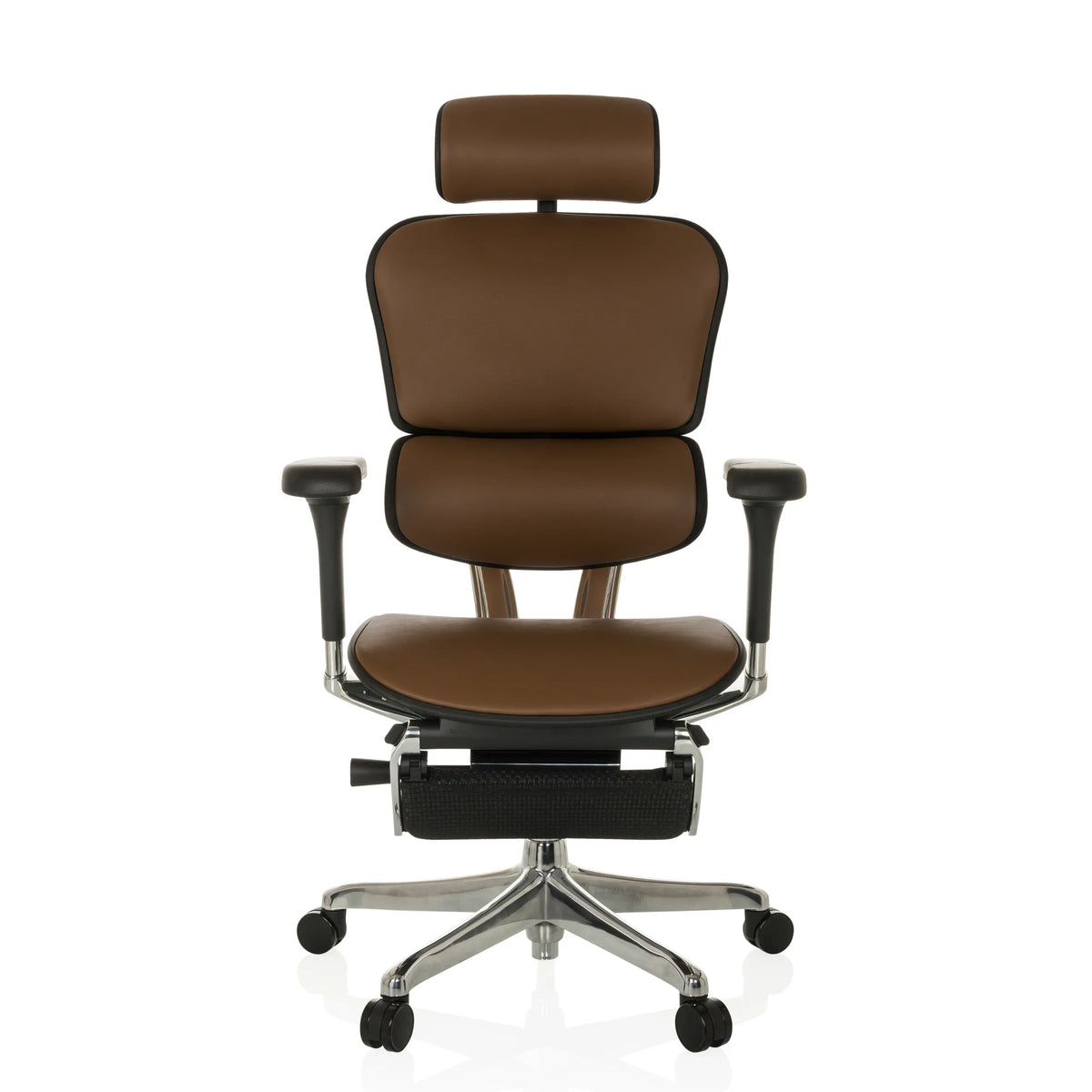 Brauner Luxus-Chefsessel ERGOHUMAN PLUS LEGPRO GEN2 aus Leder mit Kopfstütze und Fußkreuz mit fünf Rollen von hjh OFFICE – 360-Grad-Ansicht (Frontansicht 0°)