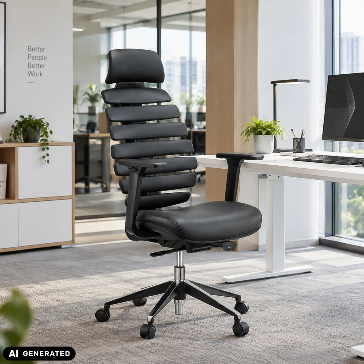 Schwarzer Profi-Bürostuhl ERGO LINE II PRO aus Leder mit Segment-Rückenlehne von hjh OFFICE (KI-generiertes Bild)