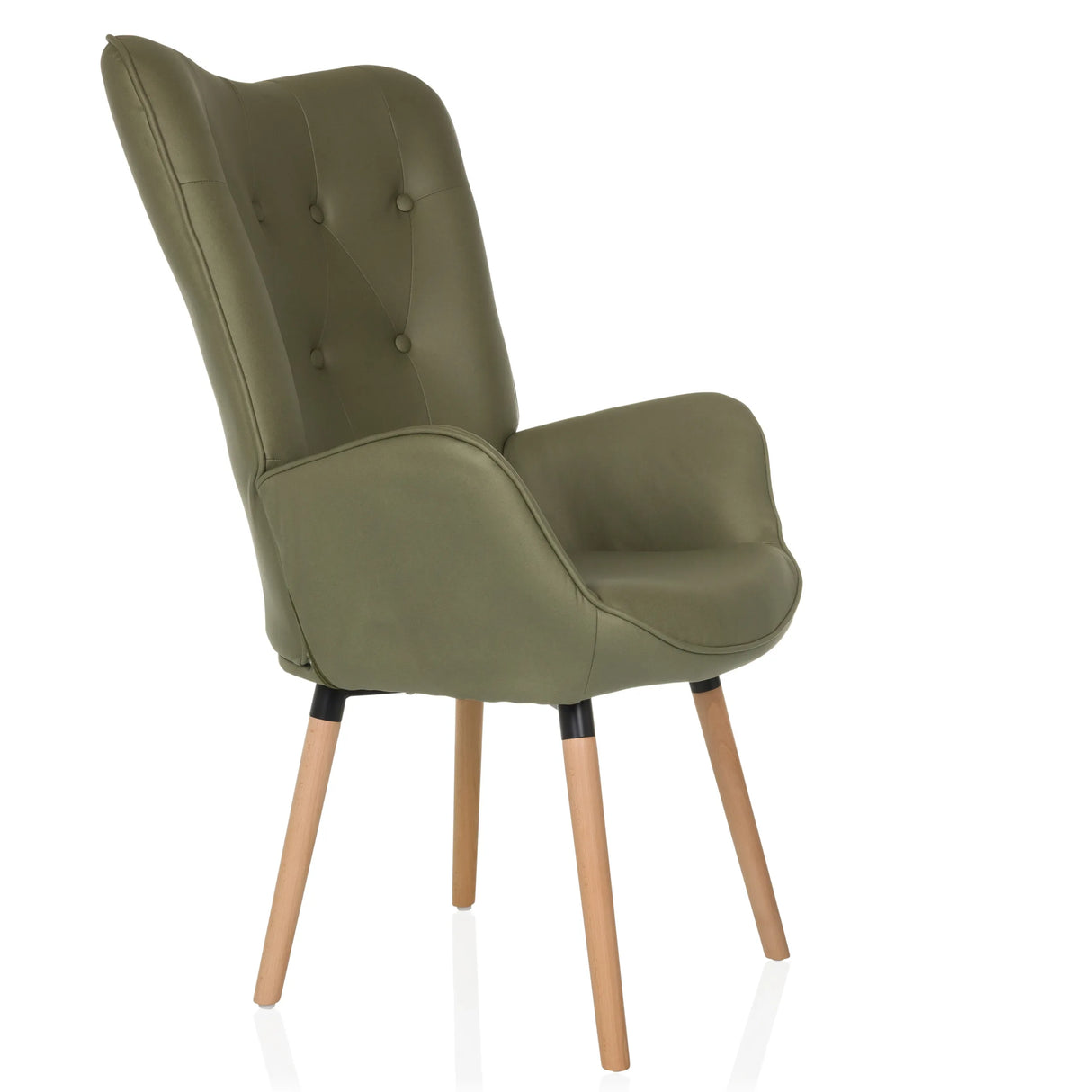 Grüner Polstersessel HAVENIO I mit Knopfheftung, Armlehnen und vier Holzbeinen von hjh LIVING – 360-Grad-Ansicht (schräge Frontansicht 60°)