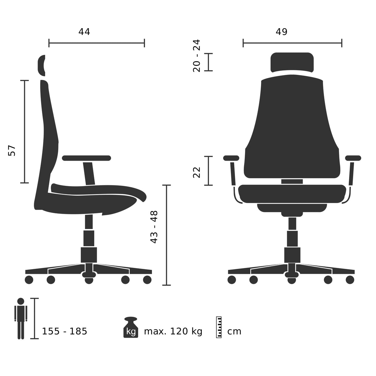 Technische Zeichnung des Home-Office-Bürostuhls MIKEO W mit einer Breite von 49 cm von hjh OFFICE