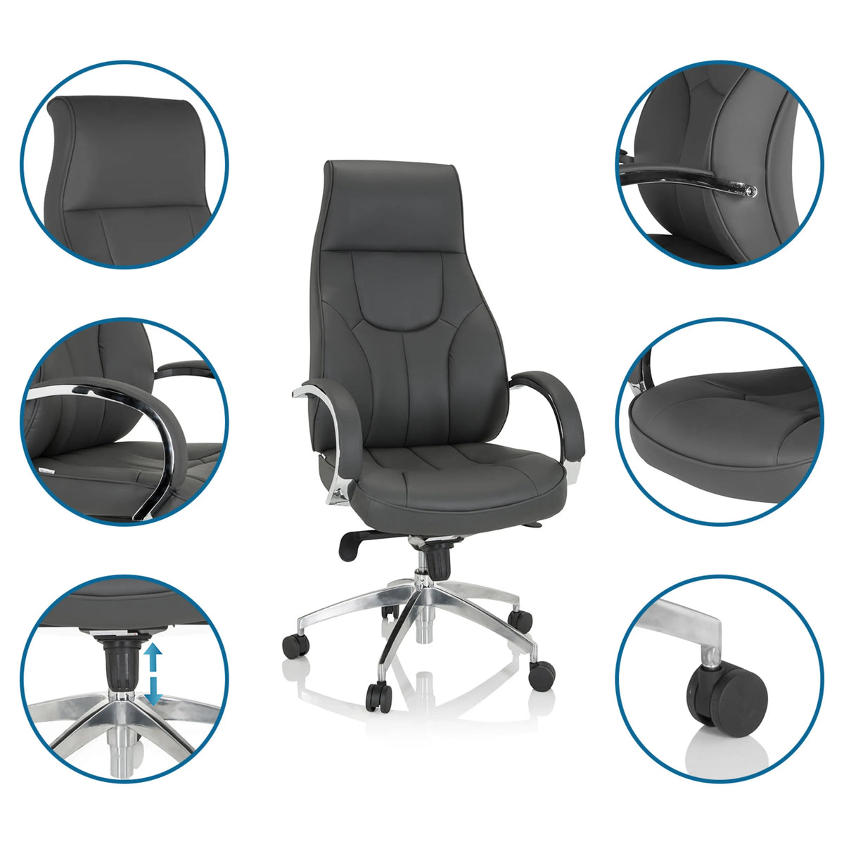 Grauer Profi-Chefsessel ELEGANCE I mit Detailansichten der Polsterung, Armlehnen und Gasfeder von hjh OFFICE