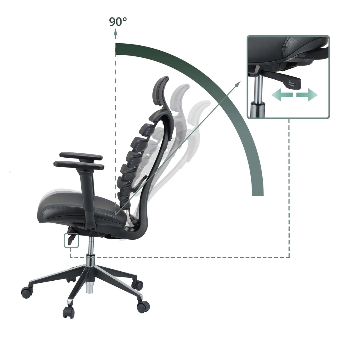 Verstellbare Rückenlehne bis 90 Grad und Bedienhebel des Profi-Bürostuhls ERGO LINE II PRO von hjh OFFICE