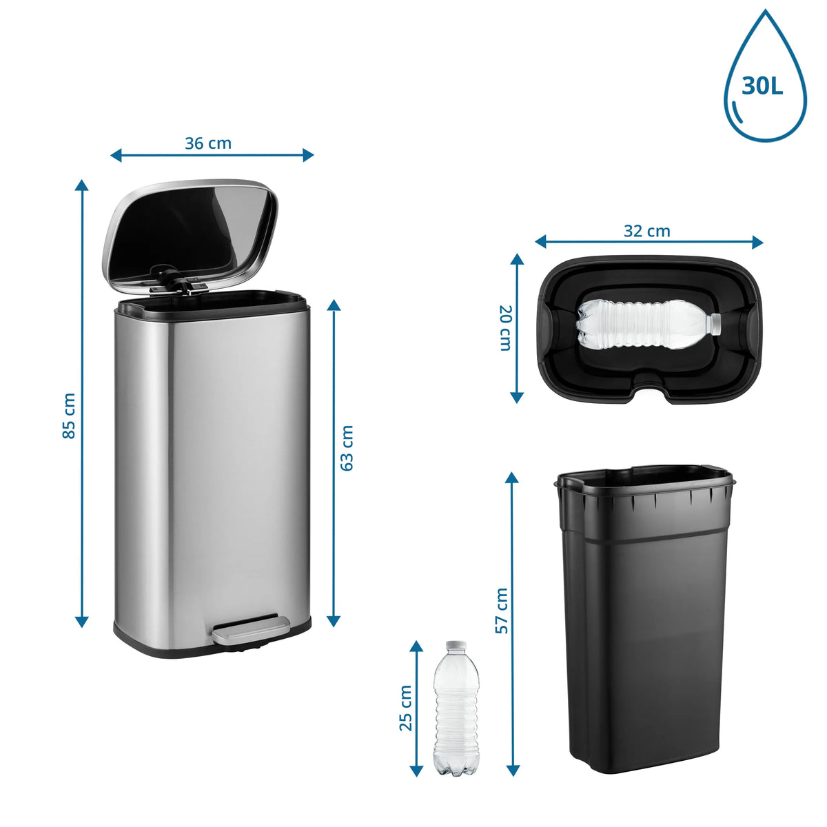 Maßzeichnung des Mülleimers Clean 15 mit einer Höhe von 85 cm und 30 Litern Volumen von hjh OFFICE