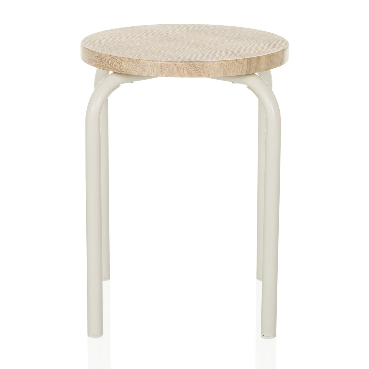 Sitzhocker ALRANDA in Weiß mit runder Sitzfläche in Eicheoptik von hjh LIVING – 360-Grad-Ansicht (Frontansicht 0°)