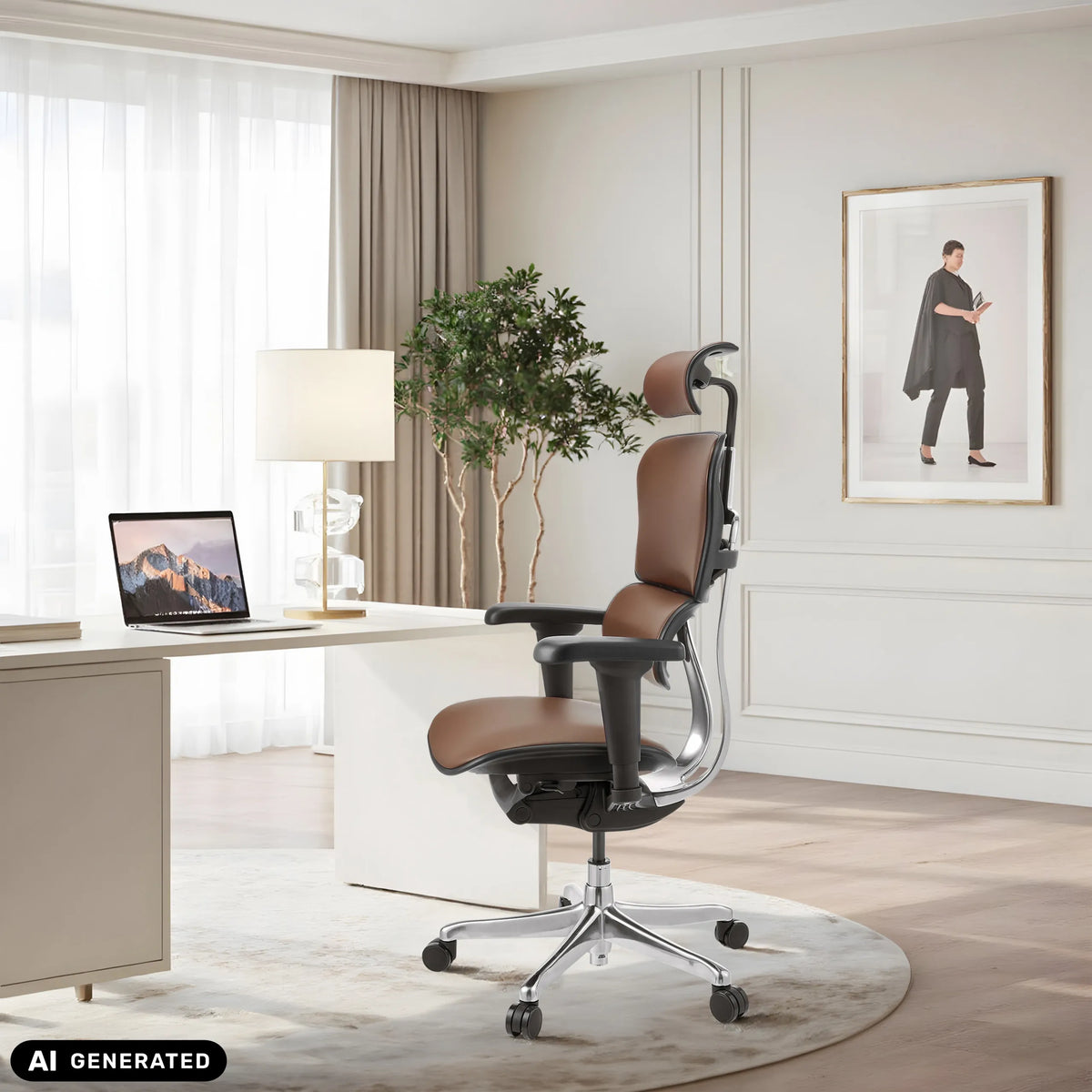Brauner Leder-Luxus-Chefsessel ERGOHUMAN ULTRA L GEN2 in einem hellen Büro von hjh OFFICE (KI-generiertes Bild)