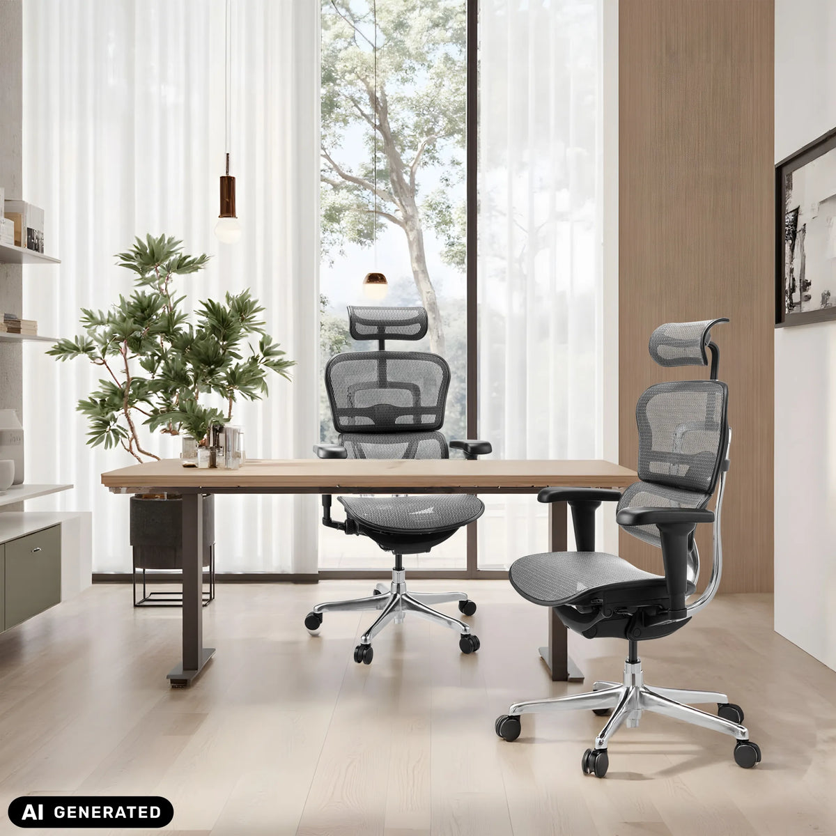 Zwei graue Luxus-Chefsessel ERGOHUMAN ULTRA GEN2 mit Netzrücken an einem Schreibtisch von hjh OFFICE (KI-generiertes Bild)