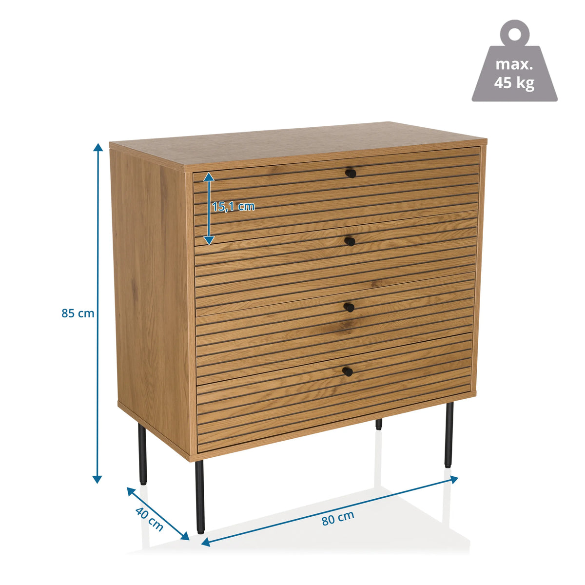Maßzeichnung der Kommode LINNO K mit 80 x 40 cm und einer Höhe von 85 cm von hjh LIVING