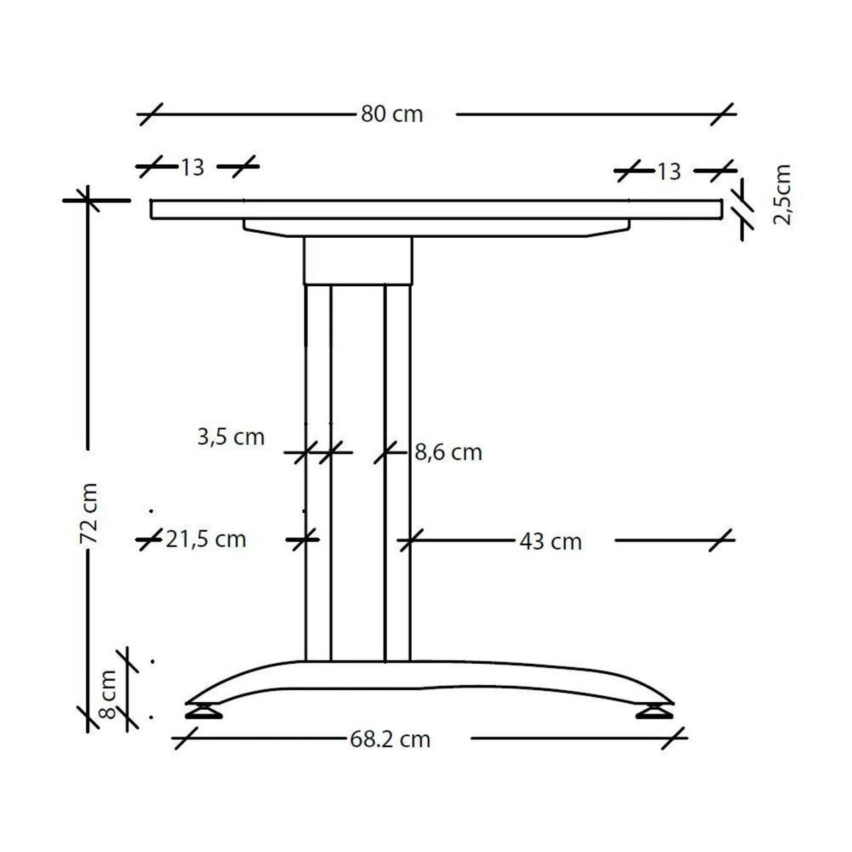 Maßzeichnung des Schreibtischs BELA 16 S mit einer Breite von 80 cm und einer Höhe von 72 cm von hjh OFFICE PRO