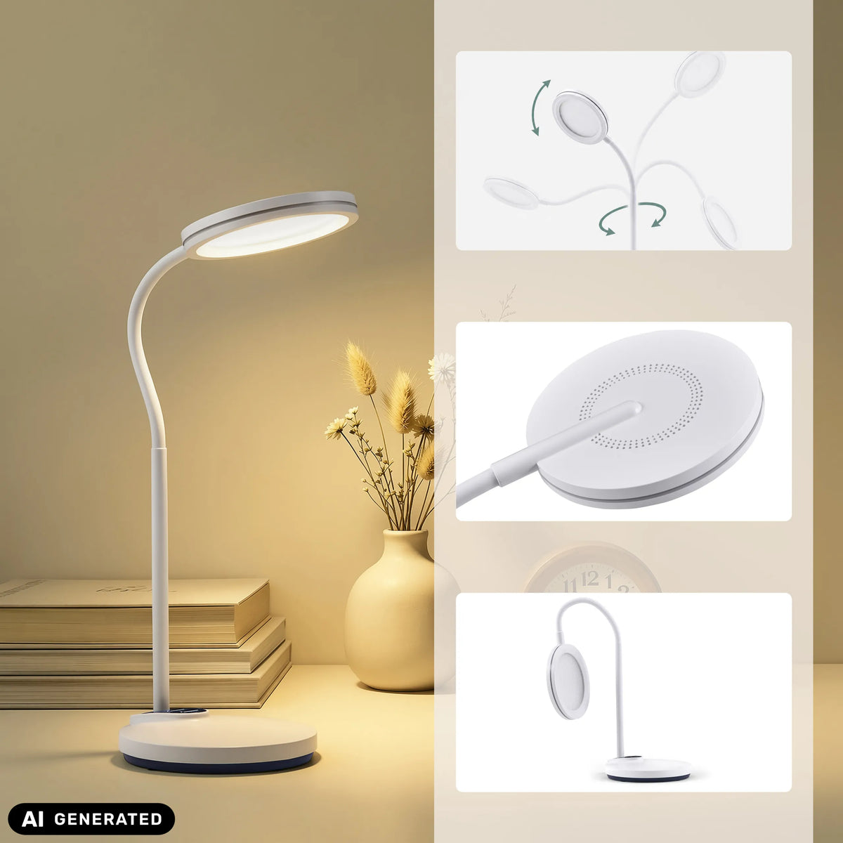 Weiße Schreibtischlampe Lumanova D5 mit flexiblem Hals und verstellbarem Lampenkopf von hjh OFFICE (KI-generiertes Bild)