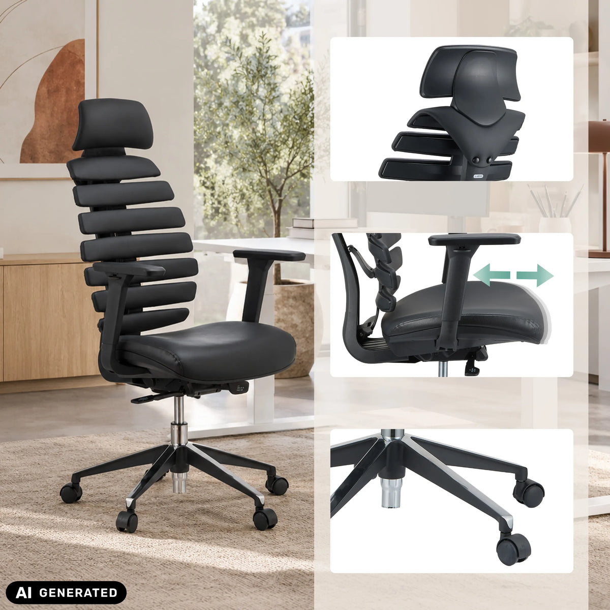 Schwarzer Profi-Bürostuhl ERGO LINE II PRO aus Leder mit verstellbaren Armlehnen von hjh OFFICE (KI-generiertes Bild)