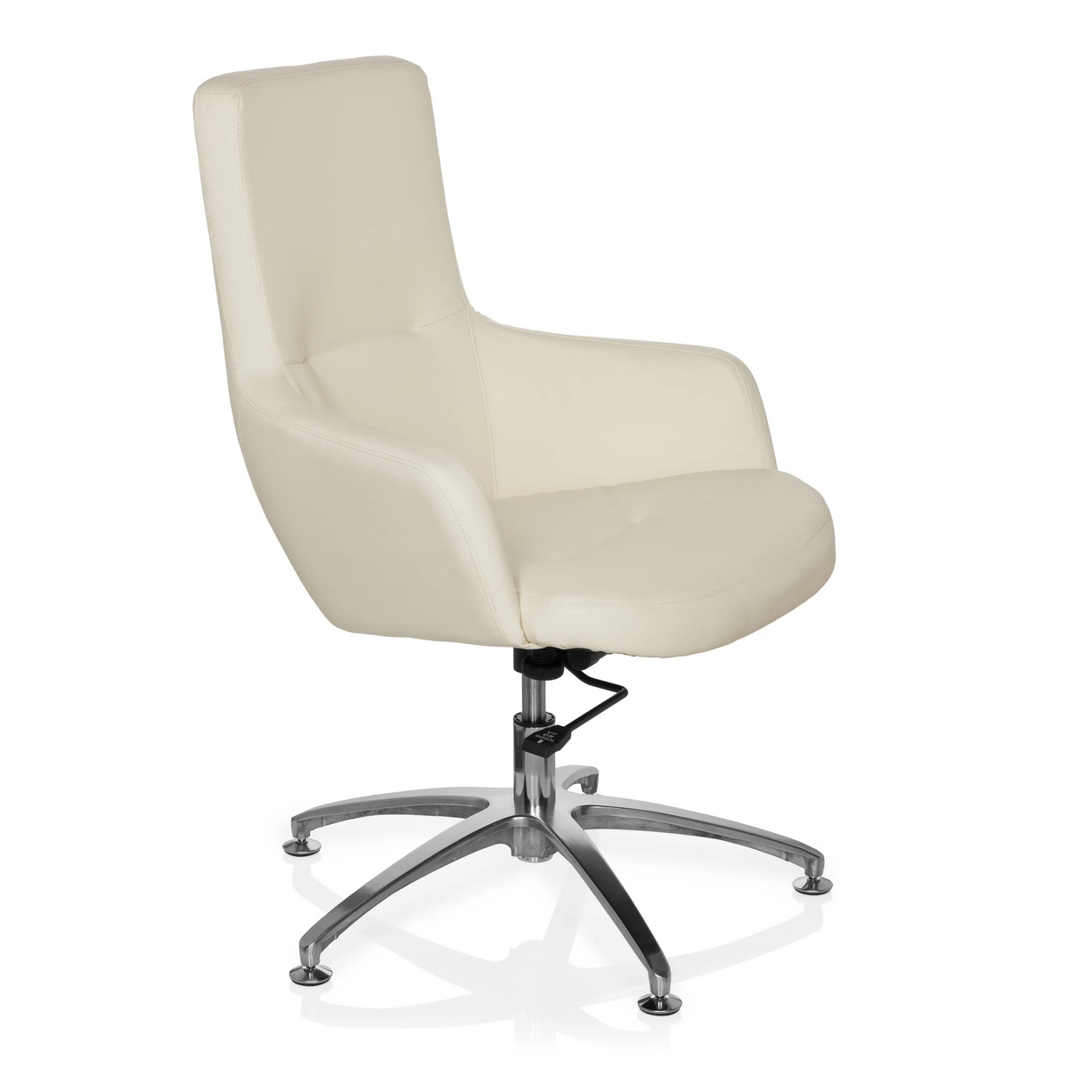 Cremeweißer Loungesessel SHAKE 300 mit glänzendem Fußkreuz und fünf Rollen von hjh OFFICE – 360-Grad-Ansicht (schräge Frontansicht 60°)