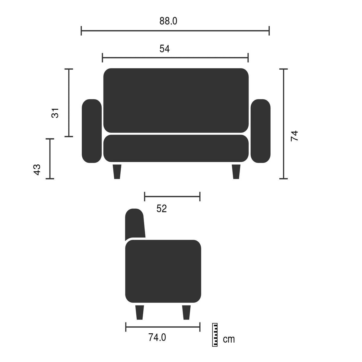 Technische Zeichnung des Loungesessels Curacao Cord mit einer Breite von 88 cm und einer Tiefe von 74 cm von hjh LIVING