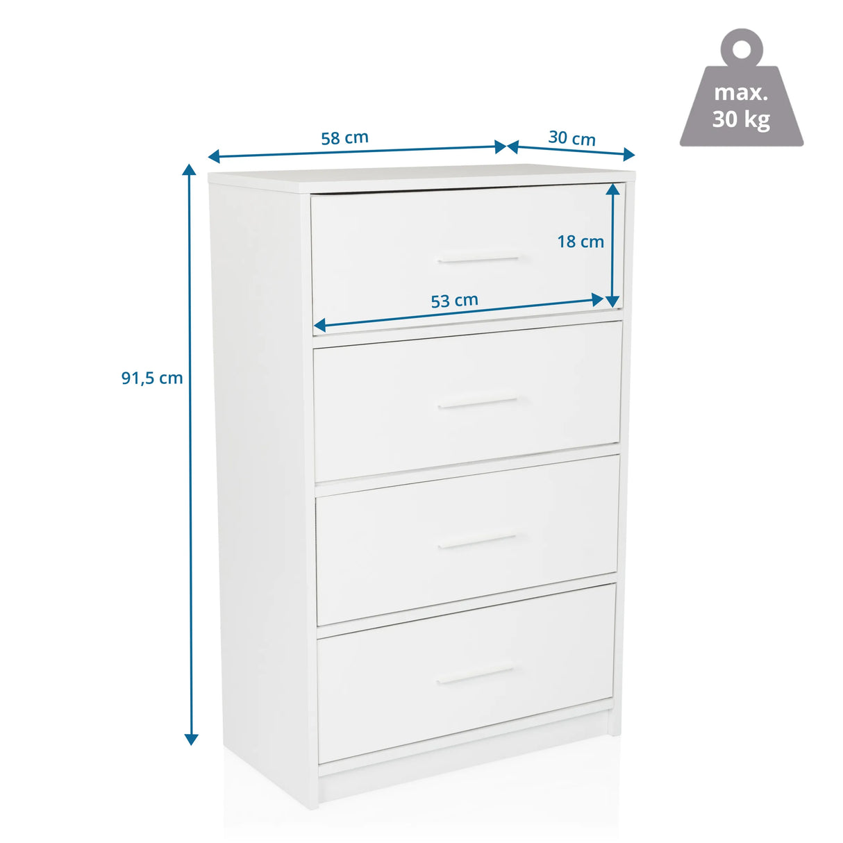 Maßzeichnung der Kommode ESTORIA mit einer Höhe von 91,5 cm und einer Breite von 58 cm von hjh LIVING