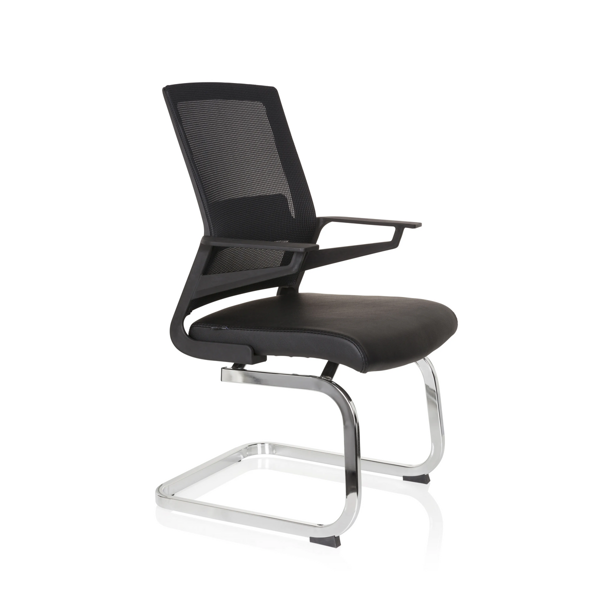 Schwarzer Freischwinger INVENTOR V PRO mit Netzrücken, Armlehnen und Kufengestell von hjh OFFICE – 360-Grad-Ansicht (schräge Frontansicht 60°)