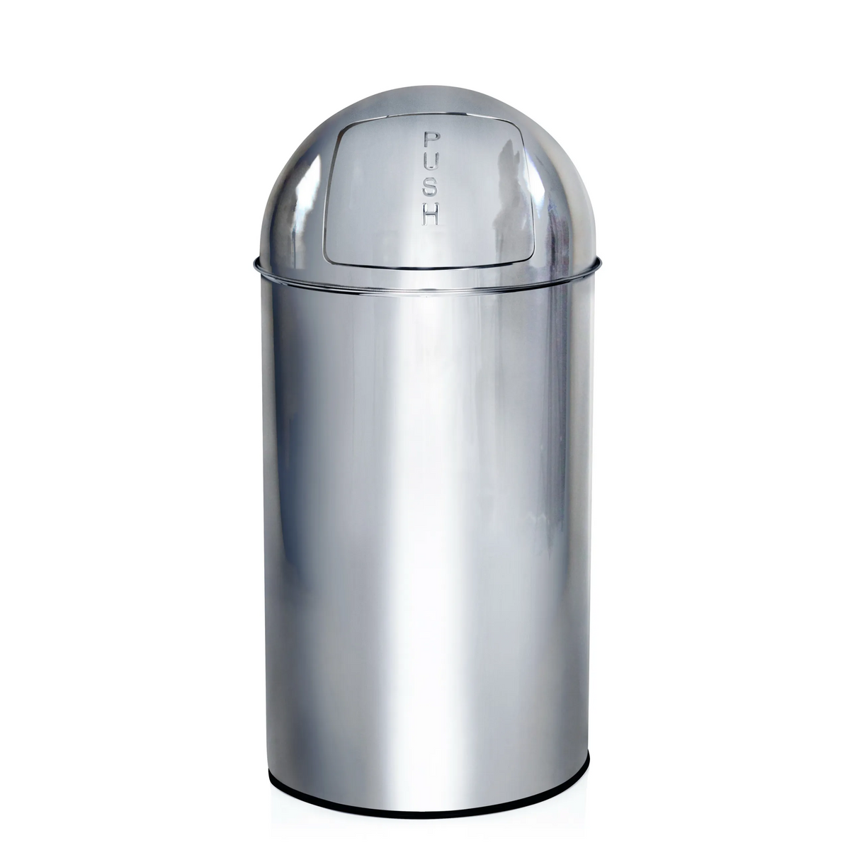 Chromfarbener Mülleimer PUSH 50L mit Push-Deckel und zylindrischem Korpus von hjh OFFICE – 360-Grad-Ansicht (Frontansicht 0°)