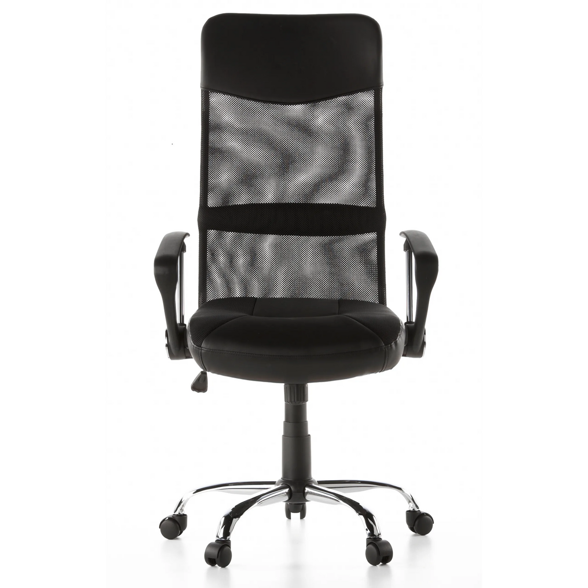 Schwarzer Homeoffice Chefsessel STRYKA mit Netzrücken, Kunstledersitz und Fußkreuz von hjh OFFICE – 360-Grad-Ansicht (Frontansicht 0°)